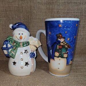 Snowman Tealight Candle Holder& Tall Latte Coffee Tea Mug Cup Christmas Gift Set